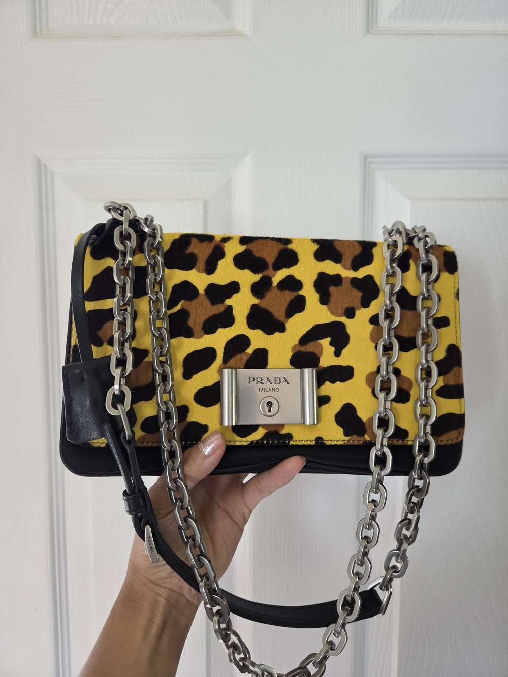 Prada Yellow Leopard Print Chain Shoulder Bag with Black Trim